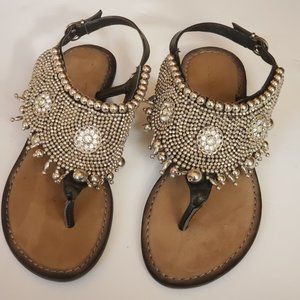 Lazamani flat sandals leather black jeweled 37